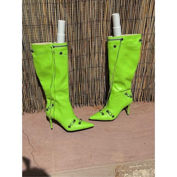 Women's Lime Green Stiletto High Heel Over Calf Boots with Tassel Pointy Toe Stu - Picture 5 of 9